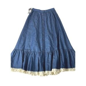 Vintage A. Dyer Denim Maxi Skirt 1970s Button Front Eyelet Lace Hem 25 Boho